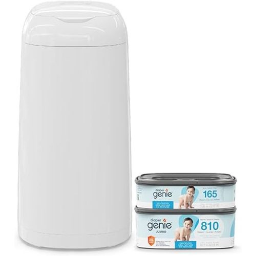 Diaper Genie Classic Pail & Jumbo Square Refill Bundle (975 ct) | Odor Control Diaper Trash Can with One-Handed Lid | Includes Starter Refill (165 ct) & Jumbo Refill (810 ct)