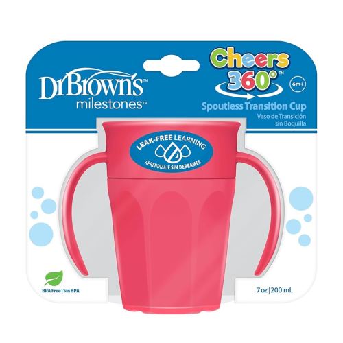 Dr. Brown's Milestones Cheers 360 Spoutless Transition Cup with Handles, Travel Friendly and Leak Free Sippy for Babies and Toddlers, Pink, BPA-Free, 7 oz/200 mL, 6m+