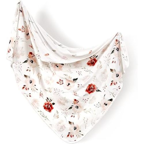GRSSDER Baby Blankets Super Soft Stretchy Jersey Knit Swaddle Blanket for Baby Girls, Double Layer Reversible Receiving Blankets 34 x 44, Extra Large for Swaddling, Rose Flora Orange Pink