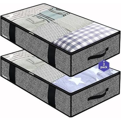 Onlyeasy Foldable Underbed Bags - 2 Pack Blankets Clothes Comforters Storage Bag Breathable Zippered Organizer for Bedroom with Clear Window and 4 Handles, 100 x50 x15cm, Linen-Like Black, MXAUBBP2
