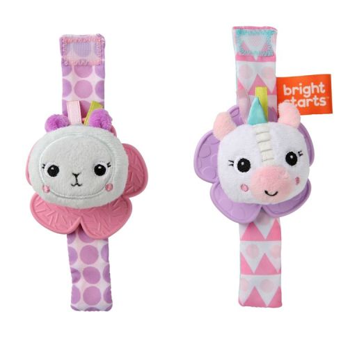 Bright Starts Rattle & Teether Wrist Pals Toy - Unicorn & Llama: BPA-Free, Sensory Development, Fabric Material
