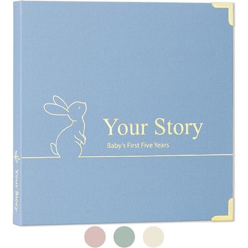 Keepsake Baby Memory Book Boy and Girl - Gender Neutral Baby Journal For First 5 Years, Timeless Baby Scrapbook Journal Milestones Baby Photo Album, Gender Reveal Gifts New Parents - Sky Blue