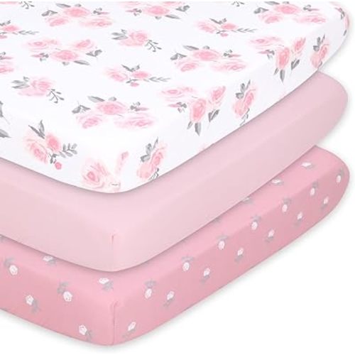The Peanutshell 3-Pack Fitted Playard Sheets - Soft & Breathable Baby Girl Mini Crib Sheets, Pack N Play Mattress, Fits Standard Playard Pack Play Mattresses - Pink Roses & Ditsy
