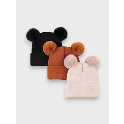 3 Pcs Knit Beanie Toque with Pom Pom Ears
