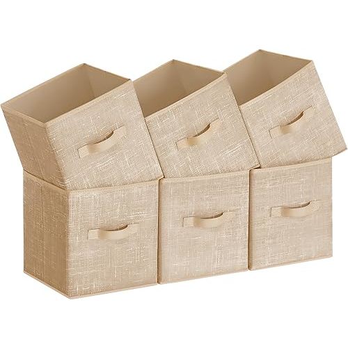 SONGMICS Storage Cubes, 11-Inch Non-Woven Fabric Bins with Double Handles, Set of 6, Closet Organizers for Shelves, Foldable, for Clothes, Sand Beige UROB026K03