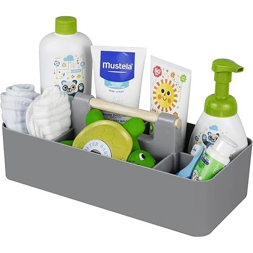 Baby Shower Caddy Plastic Nursery Portable Storage Organizer Caddy Tote for Child/Kids, Divided Basket Bin with Wood Handle for Bathroom, Dorm Room, Holdsn Bottles, Spoons, Gray