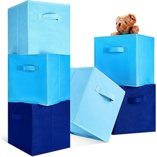 Karenhi 11 x 10. 5 x 10. 5 Blue Storage Cube, 6 Pack Fabric Cube Storage Bins Organizer Box, Collapsible Baskets with Handles Foldable Shelf for Cloth Toys Home Room Closet, Pack of 6