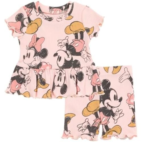 Disney Junior Ribbed Peplum T-Shirt and Bike Shorts Outfit Set Newborn to Big Kid Sizes (0-3 Months - 14-16)