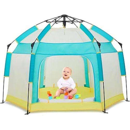 Baby Playpen with Canopy, Portable Baby Beach Tent, Toddler Play Yard Indoor and Outdoor, Foldable Mosquito Net for Infant - Green