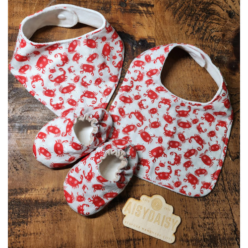Crab baby bib or dribble bib with optional matching shoes, sizes 0-3m up to 12-18m