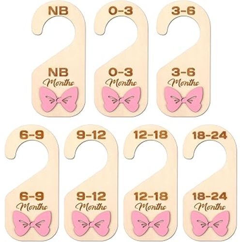 Bnesi Wooden Closet Dividers Wooden Bow Dividers for Closet Set of 7 Double-Sided Newborn Clothes Size Hanger Dividers from Newborn to 4 Months Pink Nursery Decor (Cute)