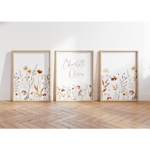 Nursery Wildflowers Prints | Floral Nursery Wall Art | Boho Baby Girl Nursery Wall Art | Watercolor flowers | Personalized Nursery Name Sign