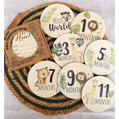 Baby Milestone Wooden Plaques Wild Animal Theme set of 7 (double sided)