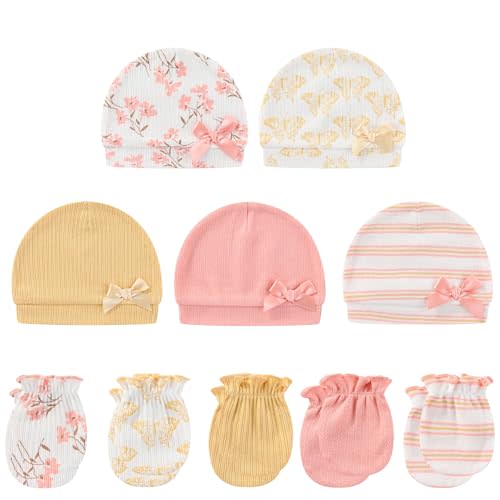 MAMIMAKA Baby Hat and Mittens Set Cotton Newborn Baby Hats Caps for Boys and Girls, 0-6 Months