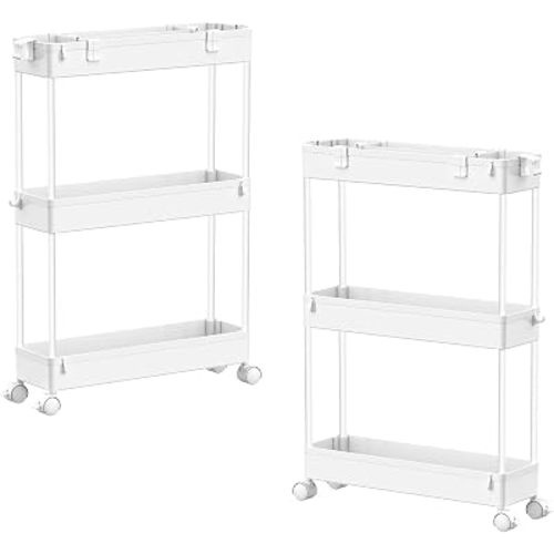 2-piece Set Slim Storage Cart 3 Tier,Bathroom Organizer Rolling Utility,Mobile Shelving Unit Slide Out for Office, Kitchen, Laundry Room & Narrow Places
