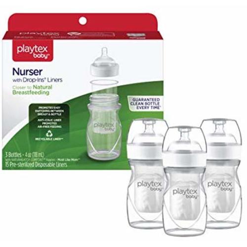 Playtex Baby Nurser Bottle with Pre-Sterilized Disposable Drop-Ins Liners, Closer to Breastfeeding, 4 Ounce Bottles, 3 Count - 4 Ounce - 3 Pack