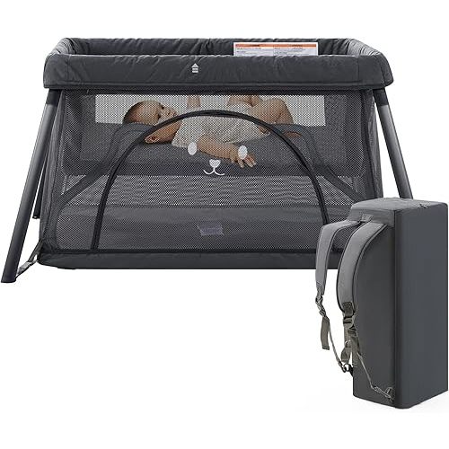Travel Crib,3 in 1 Portable Crib for Baby, Lightweight Pack and Play for Babies and Toddler, Foldable Travel Baby Playpen with Comfortable Mattress and Carry Bag(Dark Grey)