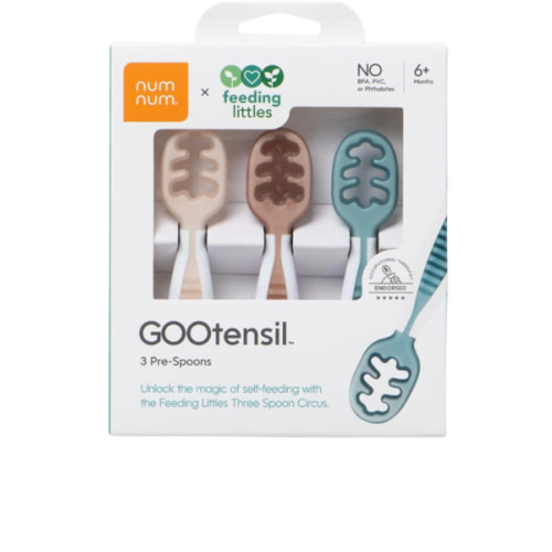 NumNum Baby Spoons Set, Feeding Littles x Silicone Pre-Spoon GOOtensils for Baby Led Weaning, Self-Feeding & Teething, First Stage Toddler Utensils for Ages 6+ Months, 3-Pack, BPA-Free (Neutrals)