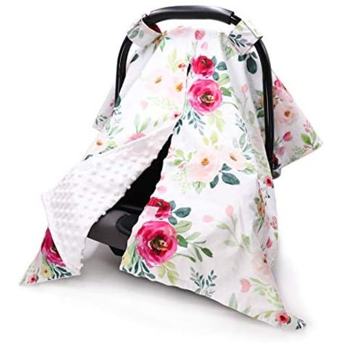 Floral Car Seat Cover for Babies, Peekaboo Opening Minky Carseat Canopy for Newborn, Multiuse, Mom Nursing Breastfeeding Covers, Minky Blanket for Infant Toddler
