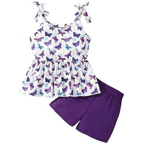 Toddler Girls Clothes Summer Short Set Outfit Tie Knot Shoulder Sleeveless Ruffle Tops and Shorts 2PC Clothing Set
