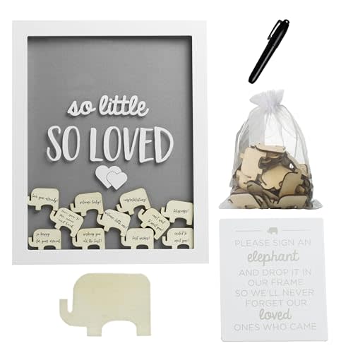 Pearhead So Little So Loved Wooden Elephant Token Frame, Little Wishes Signature Baby Shower Guestbook Alternative, Gender-Neutral Pregnancy Keepsake With 65 Signature Tokens and Pen, Gray and White