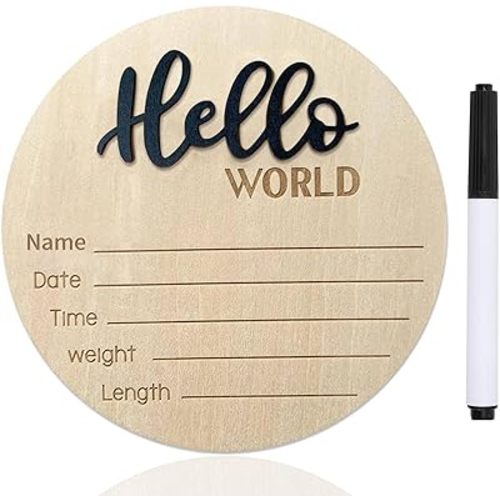 Baby Announcement Sign, ​5.9 Inch Wooden Hello World Newborn Signs, Birth Announcement Sign, Baby Shower Hospital Nursery for Newborn Boys and Girls (Black,Pen)