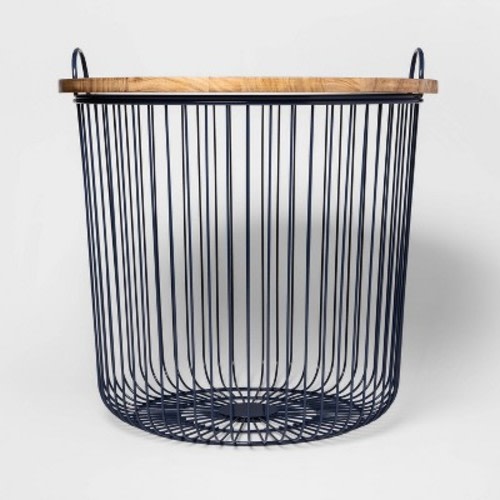 Wire Kids' Storage Floor Bin Navy - Pillowfort™: Round Metal Basket with Lid & Handles, Spot Clean, 19.25"x19.375"