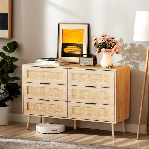 Charlton Home® Oak 15MM P2 Density Board Solid Legs Real Rattan Melamine+Weave 47.2In 6-Drawer Cabinet | Wayfair