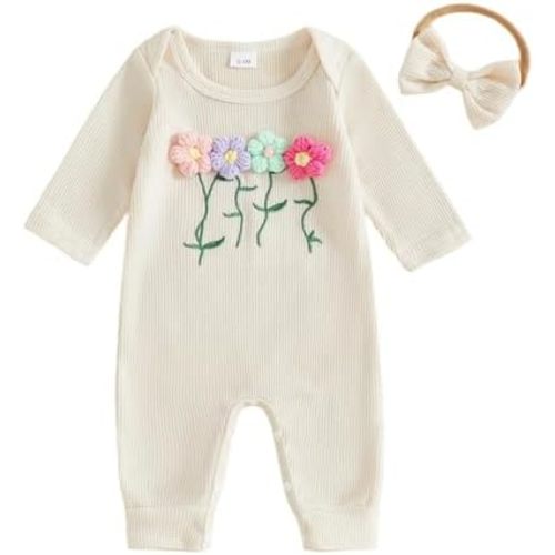 Newborn Baby Girl Clothes Fall Winter Floral Jumpsuit Infant Toddler Long Sleeve Waffle Romper Coming Home Outfit