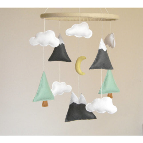Mountains Baby Mobile, Baby Crib Mobile, Modern Nursery mobile, Felt Mountains and Tree, Mountain nursery decor, Cloud Cot Mobile, Mint Gray