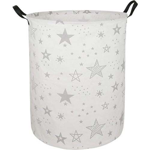 19.7" Round Canvas Large Clothes Basket Laundry Hamper with Handles,Waterproof Cotton Storage Organizer Perfect for Kids Boys Girls Toys Room, Bedroom, Nursery,Home,Gift Basket(Grey Star)