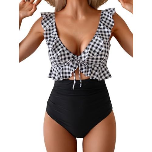 Eomenie One Piece Swimsuit for Women Tummy Control Ruffle Bathing Suit V Neck Ruched Swim Suit Slimming Cutout Swimwear