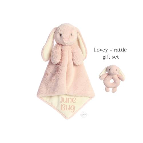 Personalized Bunny Lovey & Rattle Gift Set: Embroidered Baby Security Blanket