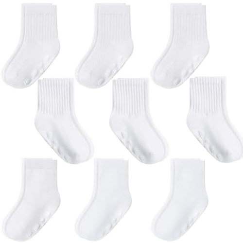 Baby Toddler Socks Crew Sock Ruffle Dress Non Slip Grip Cute Cotton for Infant Newborn Boys Girls White 9 Pairs