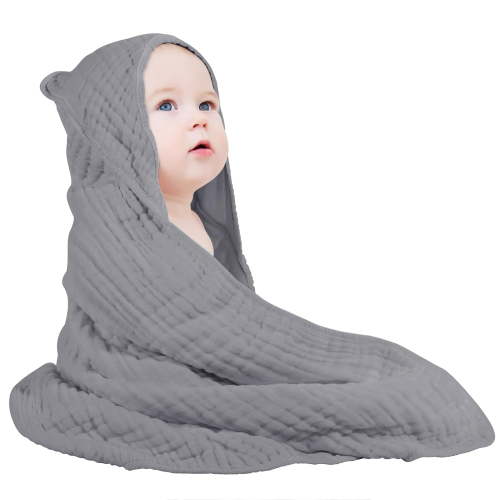 Yoofoss Hooded Baby Towels for Newborn Muslin Cotton Baby Bath Towel with Hood for Babies, Infant, Toddler and Kids, Large 32x32Inch, Soft and Absorbent Newborn Essential,Grey