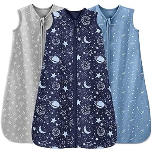 Baby Sleep Sack 6-12 Months 3 Pack 100% Cotton Lightweight 0.5 TOG Wearable Blanket Baby Sleep Bag with 2-Way Zipper for Newborn Infant Blue