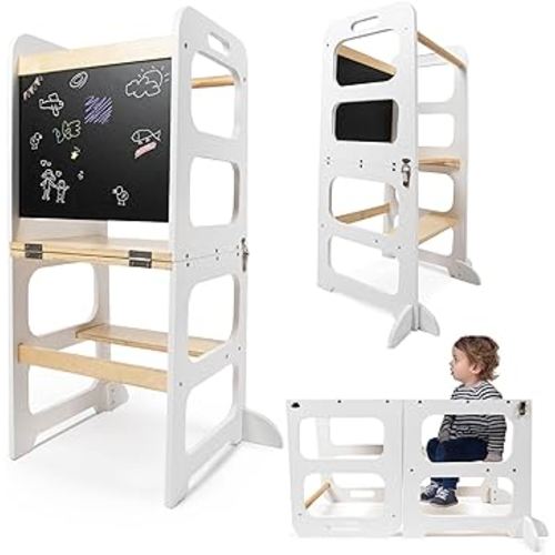 Chef's Haven Toddler Kitchen Stool Helper, Safe 4 in 1 Learning Tower, Collapsible Child Standing Tower for Toddlers 1-6 yrs with Chalkboard & Safety Rail