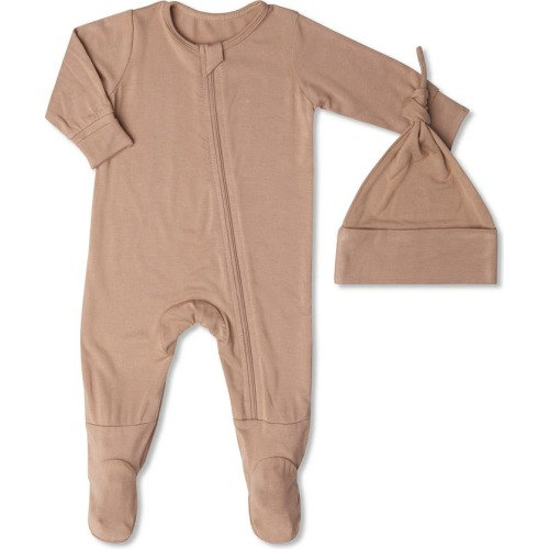 Baby Seahorse Print Footie & Hat Set, 0-3M, Latte