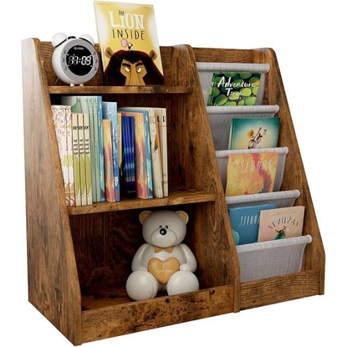 Kids Bookshelf for Bedroom Toddler Children Baby Bookcase 3-Tier for Nursery Book Toy Storage Organizer 4 Sling Adjustable Display Shelf Book Rack Wood Classroom Playroom Rustic Brown