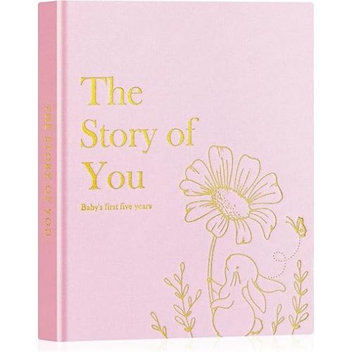 Lanpn Baby Memory Book for Boy Girl - The Story of You, Newborn Babys Book Keepsake Photo Album for New Parents, Linen Cover Baby First 5 Year Milestone Journal Scrapbook (Pink, 154 Pages)