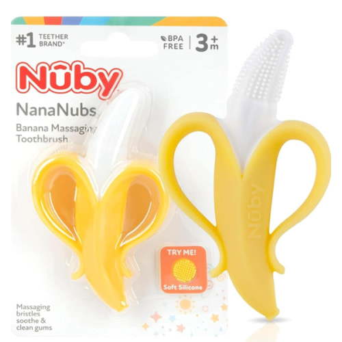 Nuby Nananubs Banana Massaging Teether – Baby Teething Toys 3 Months and Up, Silicone Teether for Sore Gums, Infant Toy, Baby Essentials, Brush, Travel Accessory, Gift for Babies