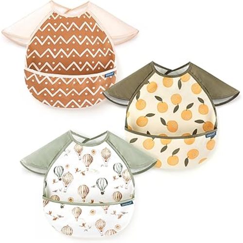 GRSSDER 3-pack Mess Proof Baby Feeding Bibs with Food Catcher Pocket, Soft Lightweight Waterproof Fabric Material with Zero Plastic-like Feel, Adjustable and Easy Clean Toddler Bibs for 6-36 Months