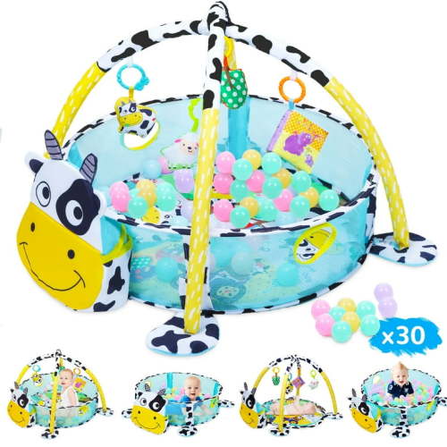 Vomeast Baby Play Gym, Baby Play Mat with 4 Hanging Toys 30 Balls, Activity Play Mat for Newborn Infant Toddlers (Cartoon Cows)
