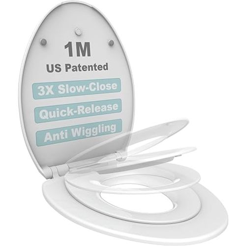 Elongated Toilet Seat with Toddler Seat Built In, Slow Close for Both Child & Adult Seats, Potty Training Seat, No Wiggle and Easy to Install, Detachable Toddler Seat for Longterm Usage, White
