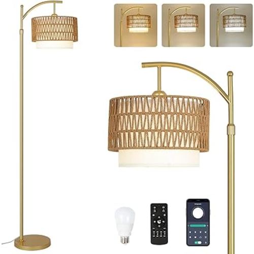 Gold Floor Lamps for Living Room with Remote & Dimmable LED Bulb, Modern Arc Floor Lamp with 3 Color Temperatures, Boho Standing Lamp with Rattan & Fabric Shades, Adjustable Tall Lamp for Bedroom