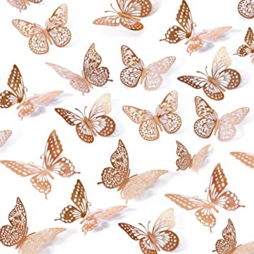 SAOROPEB 3D Butterfly Wall Decor, 48 Pcs 4 Styles 3 Sizes, Removable Metallic Wall Sticker Room Mural Decals for Kids Bedroom Nursery Classroom Party Decoration Wedding Decor DIY Gift (Rose Gold)