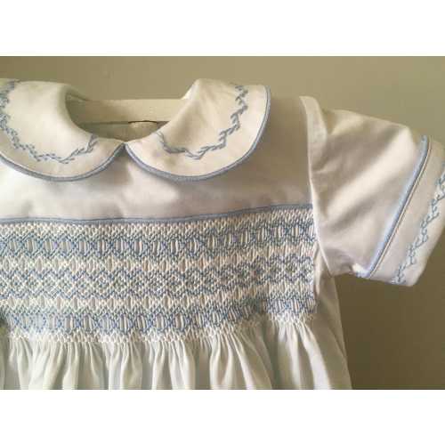 Hand Smocked White Cotton Sateen Baby Boys Romper or Bubble Size 6 to 12 months