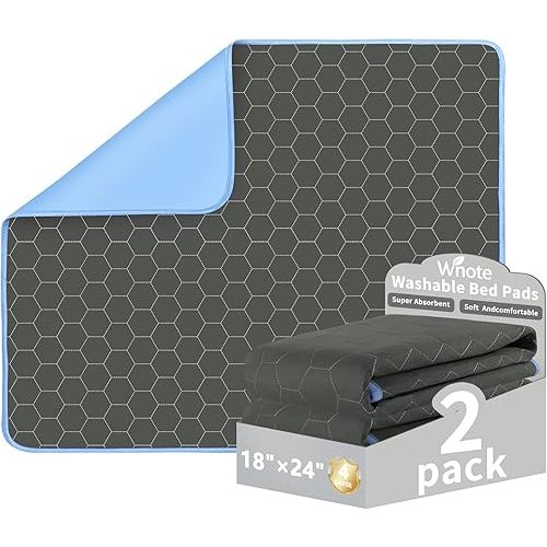 Waterproof Washable Underpads Pee Pad (Dark Gray 18" x 24" 2 Pack), Reusable Absorbency Bedwetting Incontinence Bed Pads for Kids Adults Elderly Dog Pet, Puppy Pads for Mattress Couches Sofas Floors