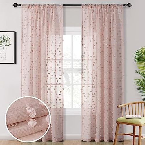 MYSKY HOME Pom Pom Pink Sheer Curtains for Bedroom Light Filtering Semi-Sheer Curtains for Nursery Girls Kids Room Rod Pocket Boho Voile Window Draperies Dusty Pink 52 x 84 inch 2 Panels