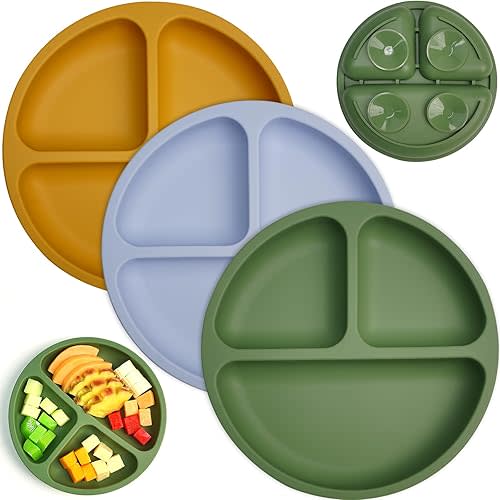 Suction Plates for Babies & Toddlers, 3 Pack Divided Toddler Plates-Food Grade Silicone/BPA Free, Quadruple Suction Non-Slip Design, Baby Led Weaning Supplies, Dishwasher Safe